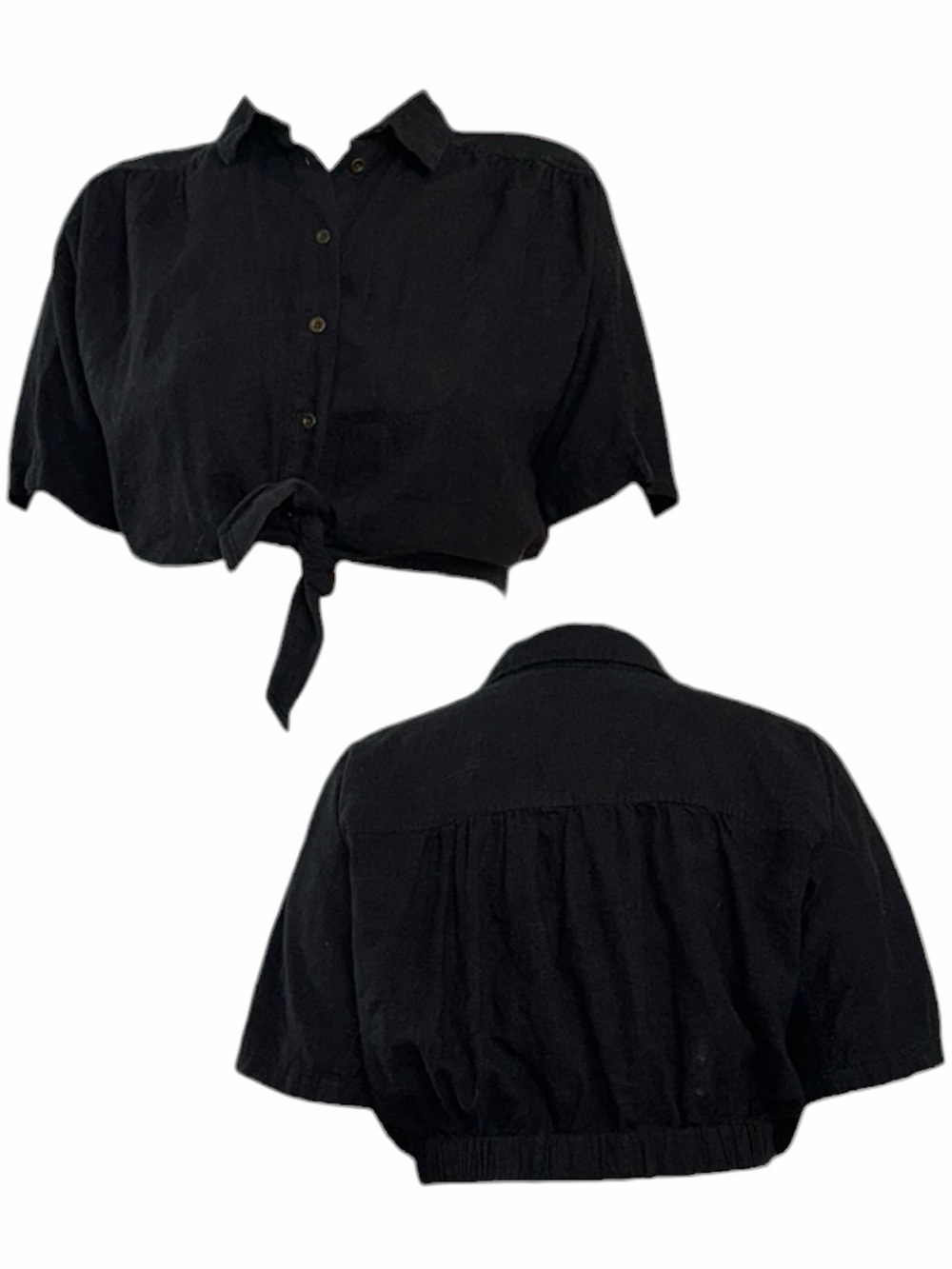 Black Tie-Front Button-Up Crop Top